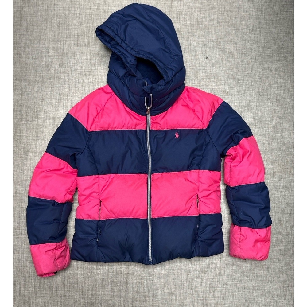 Ralph Lauren Jacket Girls Large 12-14 Pink Blue Down Stripe Puffer Hooded Coat